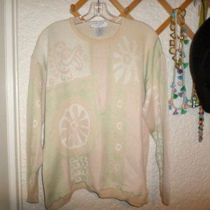 Jaeger Floral Design Cotton Blend Crew Neck Sweater Sz L